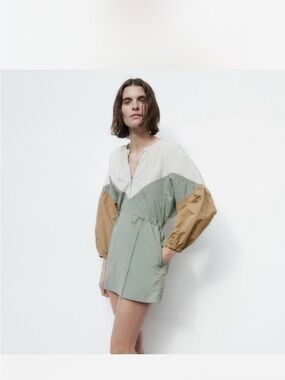 Zara Colorblock Hooded Jacket in Sage, Cream & Tan